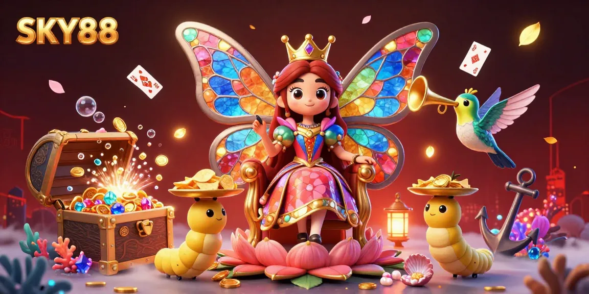 Engage with the vibrant SKY88 realm, showcasing a butterfly queen and treasure-filled adventures.