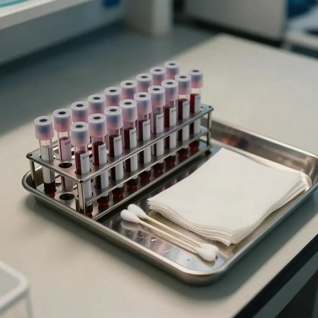 Provette di sangue, garze e vassoio in acciaio su banco di laboratorio, luce fredda serale