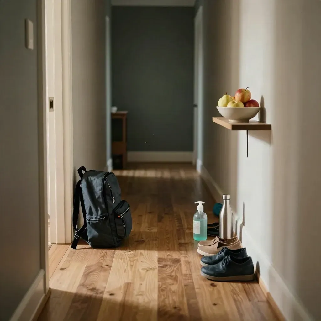 Ingresso di casa con zaino, scarpe ordinate, borraccia, gel igienizzante e fruttiera in luce naturale.