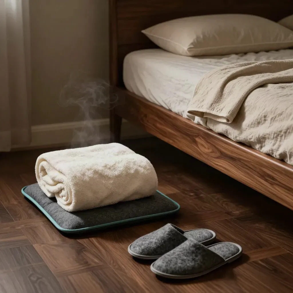 Angolo di camera con cuscino di supporto, termoforo, asciugamano arrotolato e pantofole.