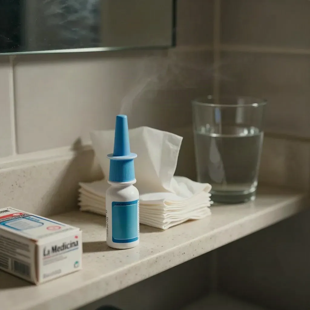 Mensola da bagno con spray nasale, fazzoletti, acqua e scatole di medicinali