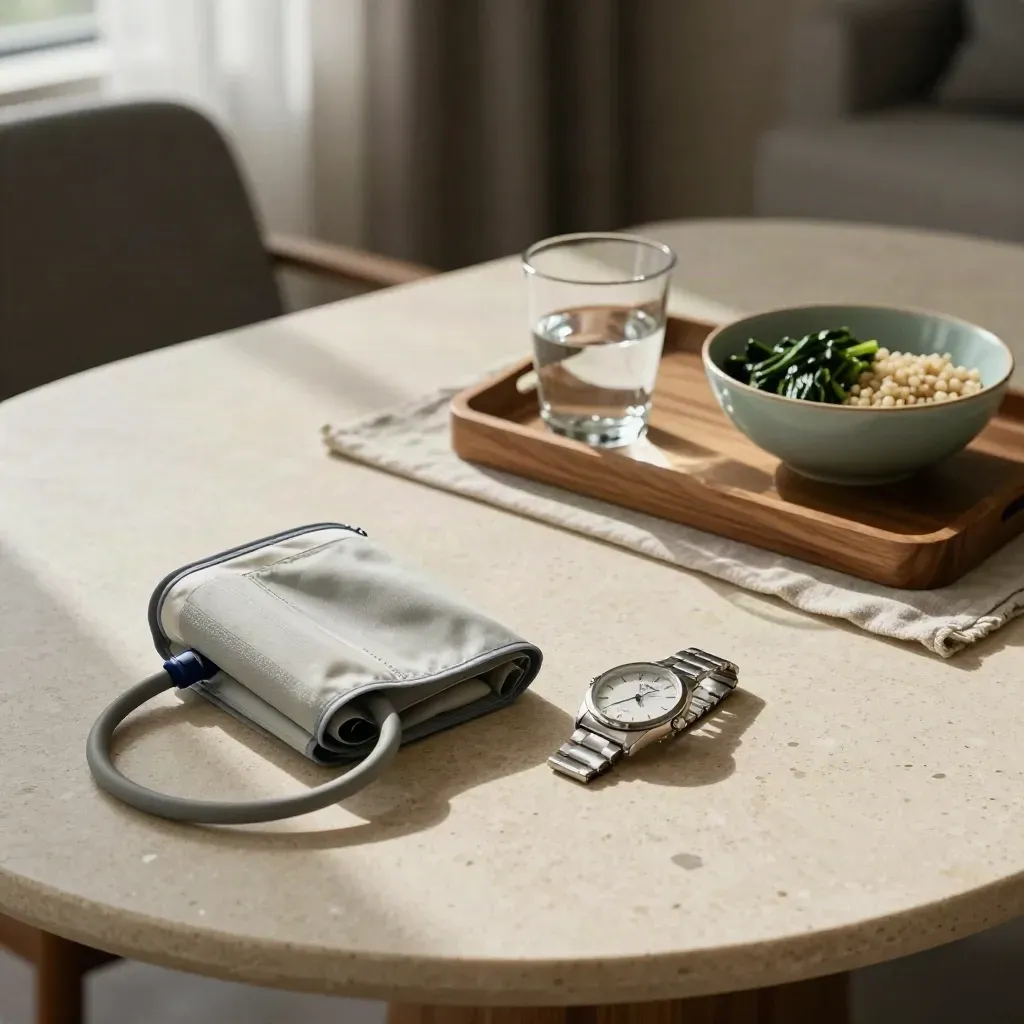 Bracciale pressione, orologio, bicchiere d’acqua e bowl con pranzo leggero su tavolo del soggiorno.