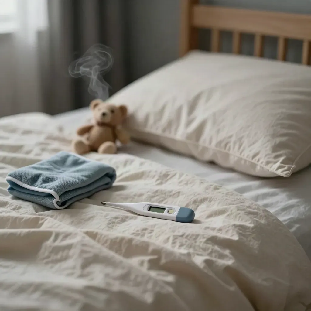 Termometro, impacco freddo, coperta e peluche sul letto, luce serale morbida.