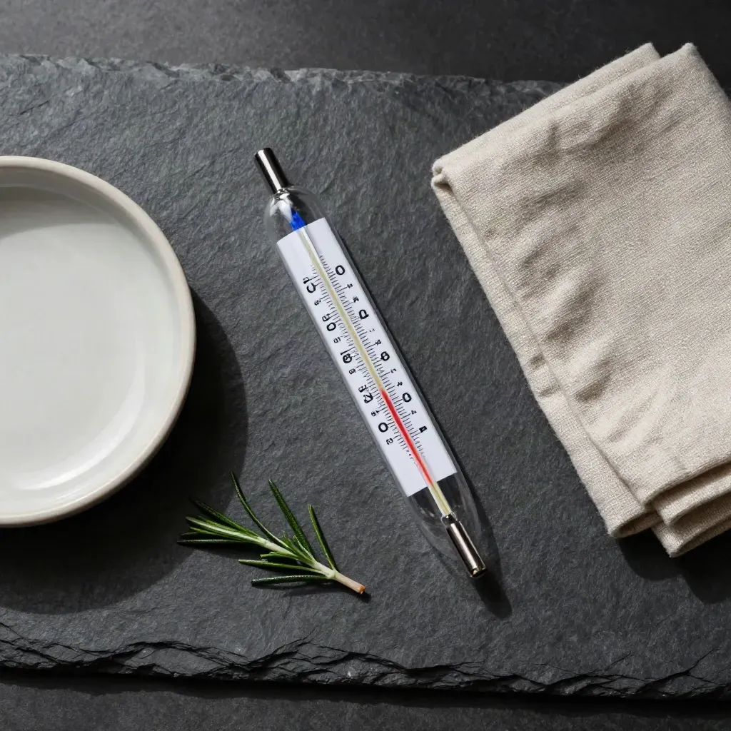 Termometro in vetro bianco con lino, piattino di ceramica e rametto di rosmarino su pietra scura.