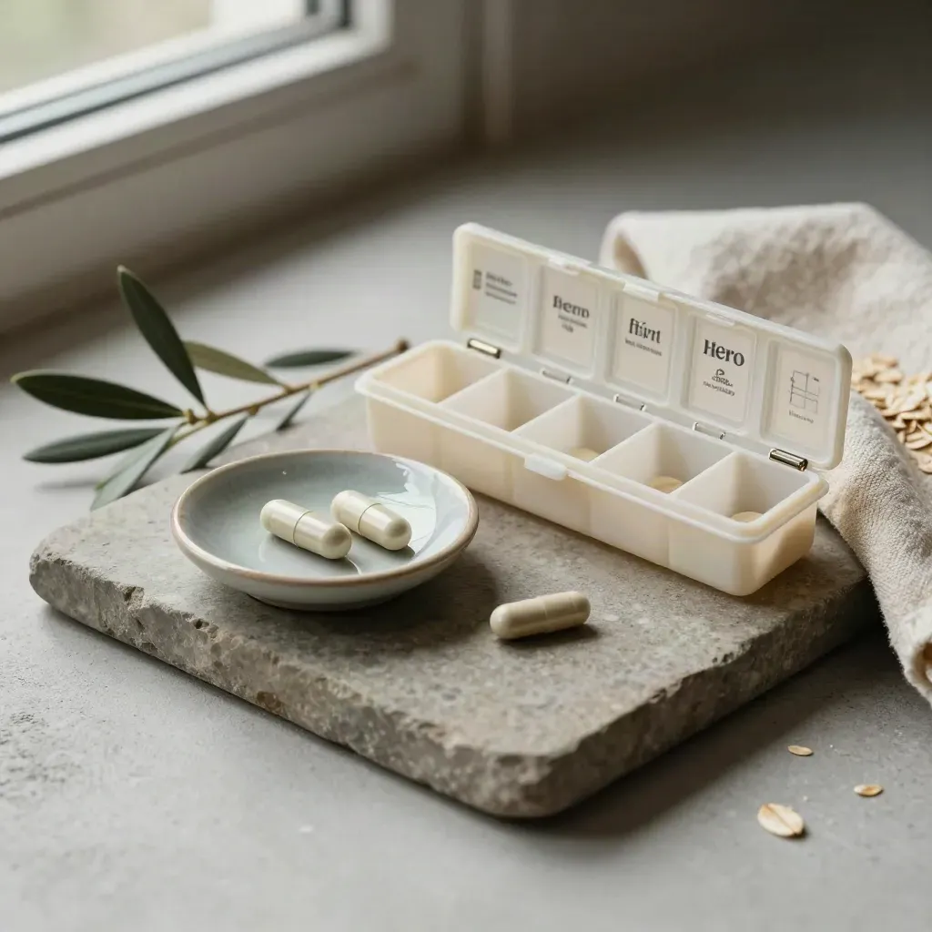 Organizer settimanale di farmaci con capsule, piattino e ramo d’ulivo su tray in pietra