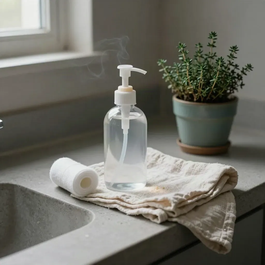 Dispenser di disinfettante, benda, panno piegato e piantina di timo su una mensola di cemento.