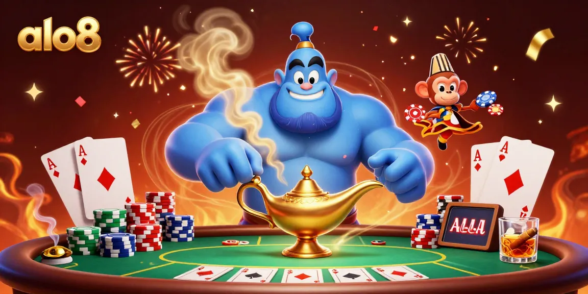 Experience thrilling gameplay at alo8 with vibrant casino action featuring poker elements and a genie.