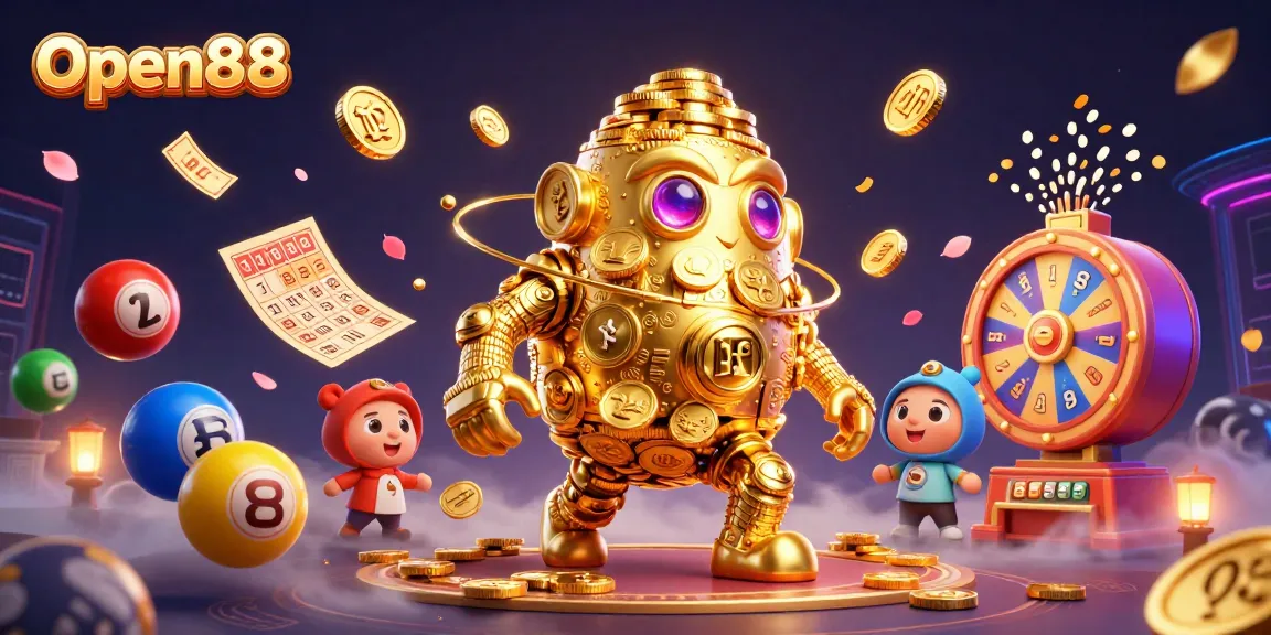 Engage in exciting games at Open88 with a dynamic 3D illustration featuring whimsical casino symbols.