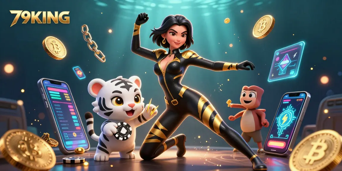 Experience the thrill of 79KING with a vibrant casino scene featuring poker chips and crypto elements.