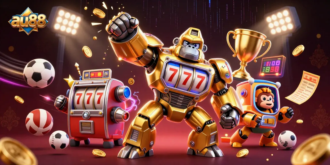 Experience thrilling gameplay at au88 with a dynamic 3D illustration of a golden gorilla mech and sports elements.