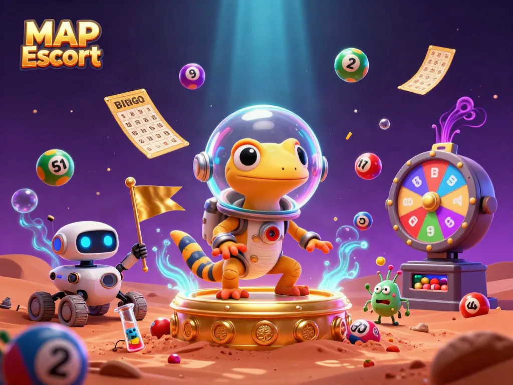 Engage with the MAP Escort theme in a vivid 3D scene of a Martian gecko discovering a casino.