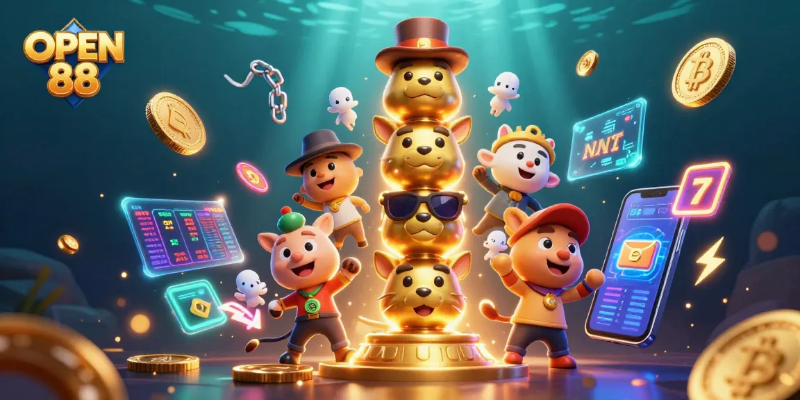 Engage with OPEN 88's dynamic gambling world featuring a vibrant 3D totem pole amidst glowing crypto coins.