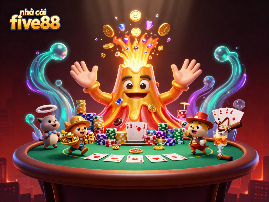 Experience the thrill at nhà cái five88 with a vivid 3D casino scene featuring gold, poker tables, and treasure.