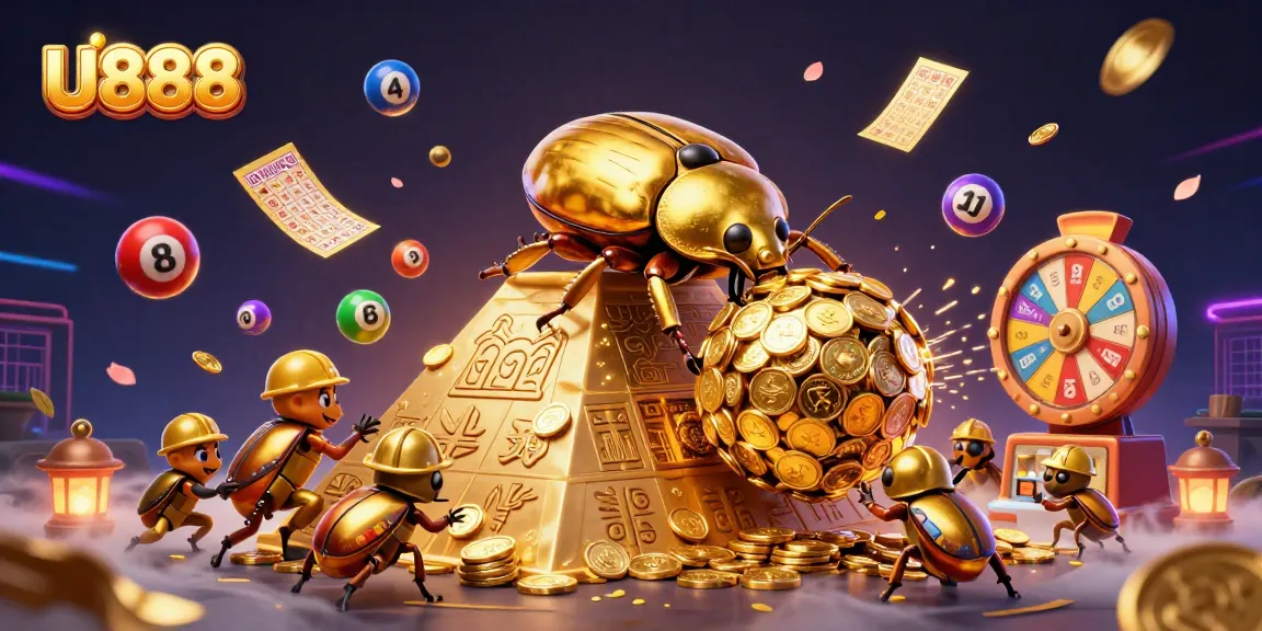 Experience the excitement of U888 casino with a golden beetle rolling coins amidst vibrant games.