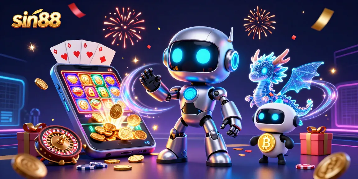 Experience the thrill of sin88 with a vibrant illustration of a futuristic robot and AI companions amidst dazzling casino elements.