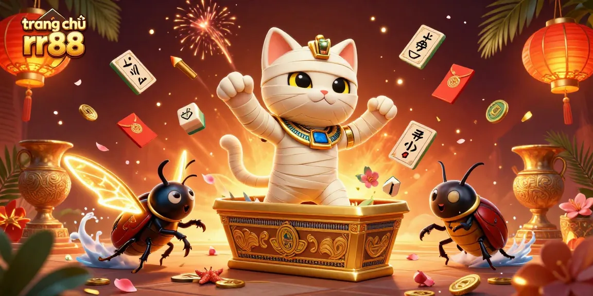 Win thrills at trang chủ rr88 with an Egyptian mummy cat and dynamic casino elements in a vibrant scene.