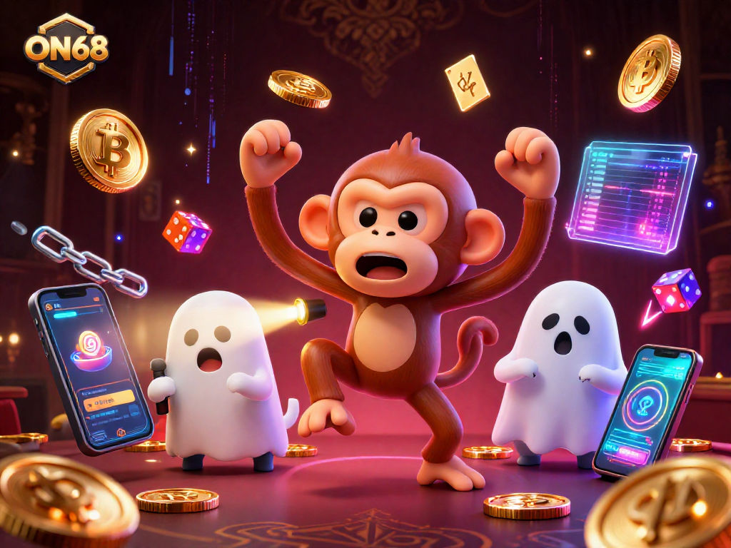 Engage in thrilling gaming at ON68 with a mischievous poltergeist monkey and ghost-hunter puppy in a haunted casino.