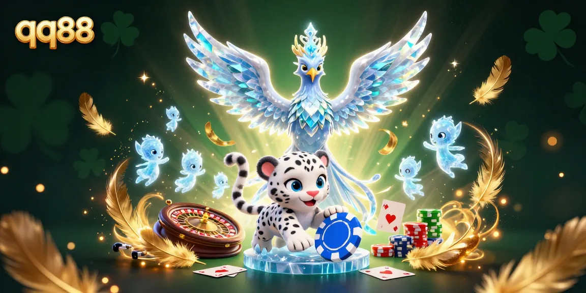 Experience thrilling luck at qq88 with a vibrant scene of an ice phoenix and glowing sprites in a casino setting.