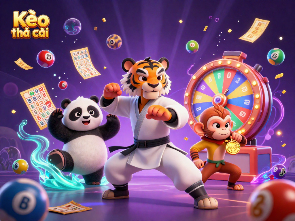 Kèo nhà cái engaging lottery scene with kung fu tiger, panda, and monkey near vibrant betting elements
