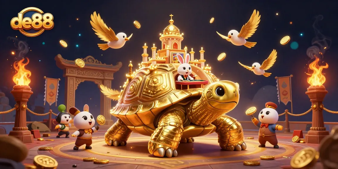 Experience thrilling gameplay at de88 with a golden tortoise casino and rabbit dealer amidst dynamic atmosphere.