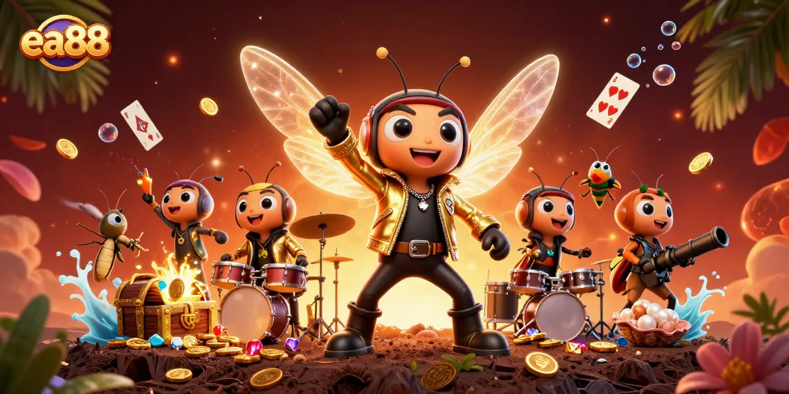 Experience the excitement of EA88 casino with buzzing characters and vibrant treasures.