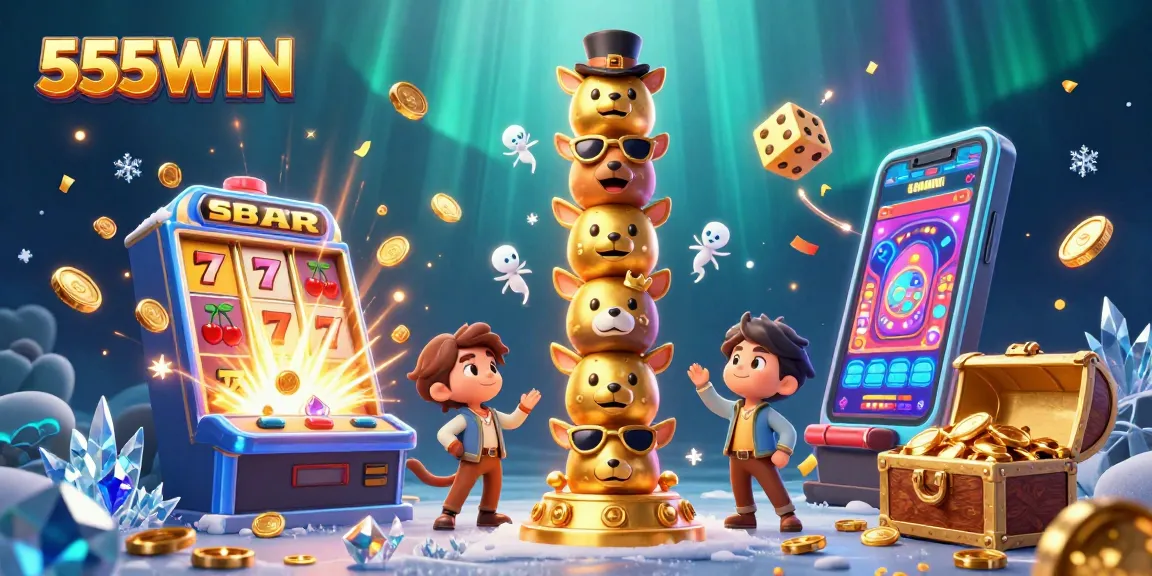 Engage with thrilling casino excitement in 555WIN featuring vibrant slot machines and a golden totem pole.
