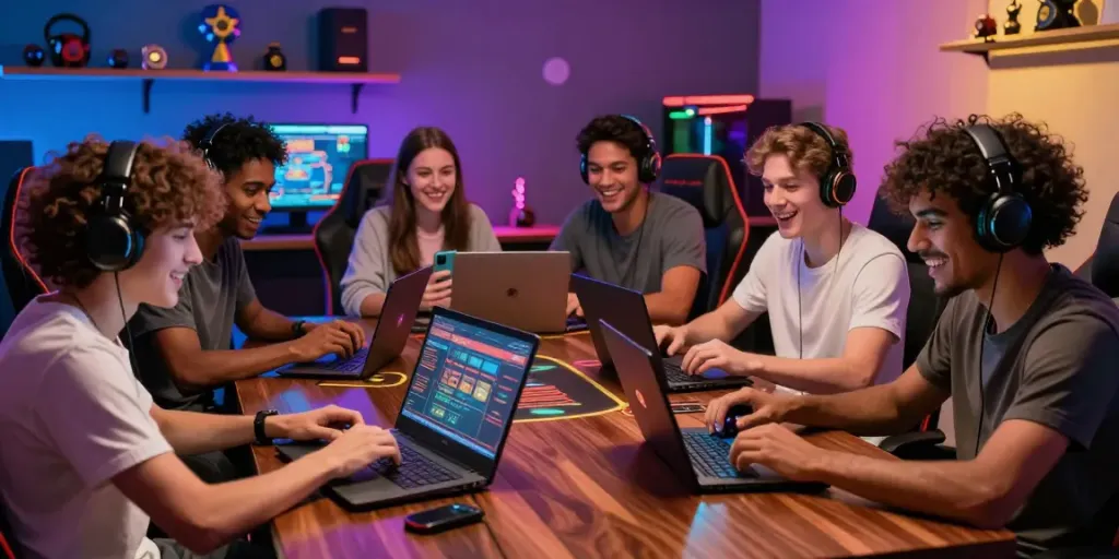 EE88 online gaming experience with friends enjoying casino games in a vibrant atmosphere.