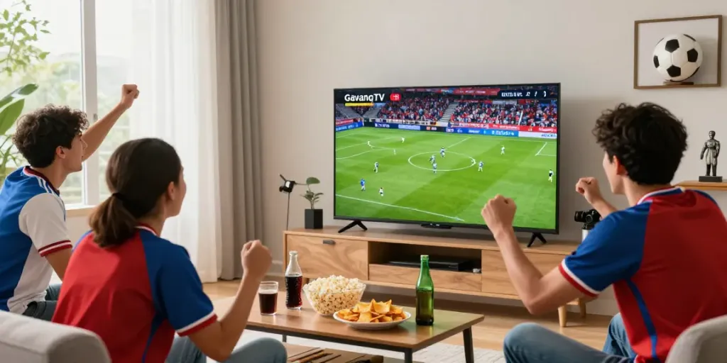 Fans enjoying a live football match on GavangTV in a vibrant living room.