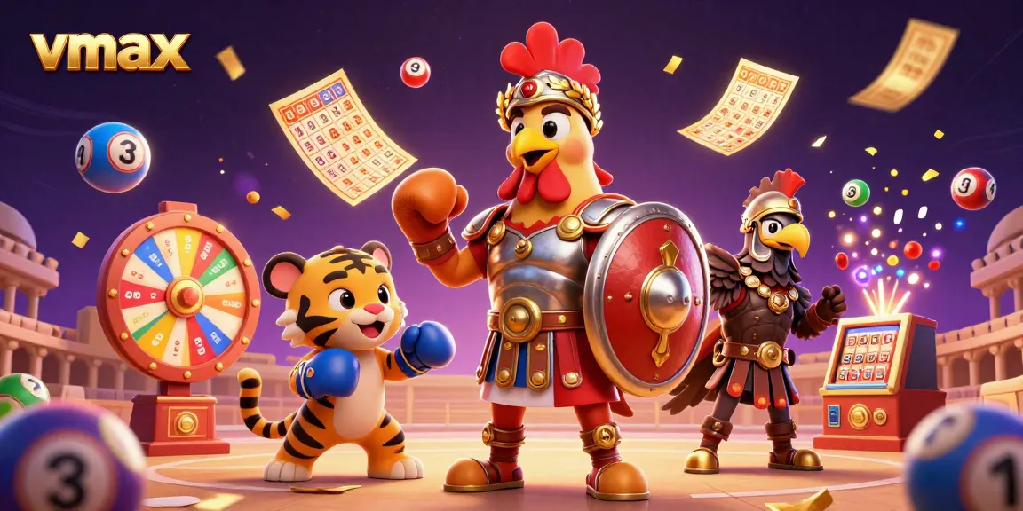 Experience vmax gaming excitement with a lively scene featuring a gladiator rooster, tiger cub, and prizes!