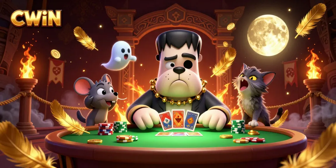 CWIN showcases a lively 3D casino scene with a bulldog dealer and a werewolf kitten amidst golden elements.
