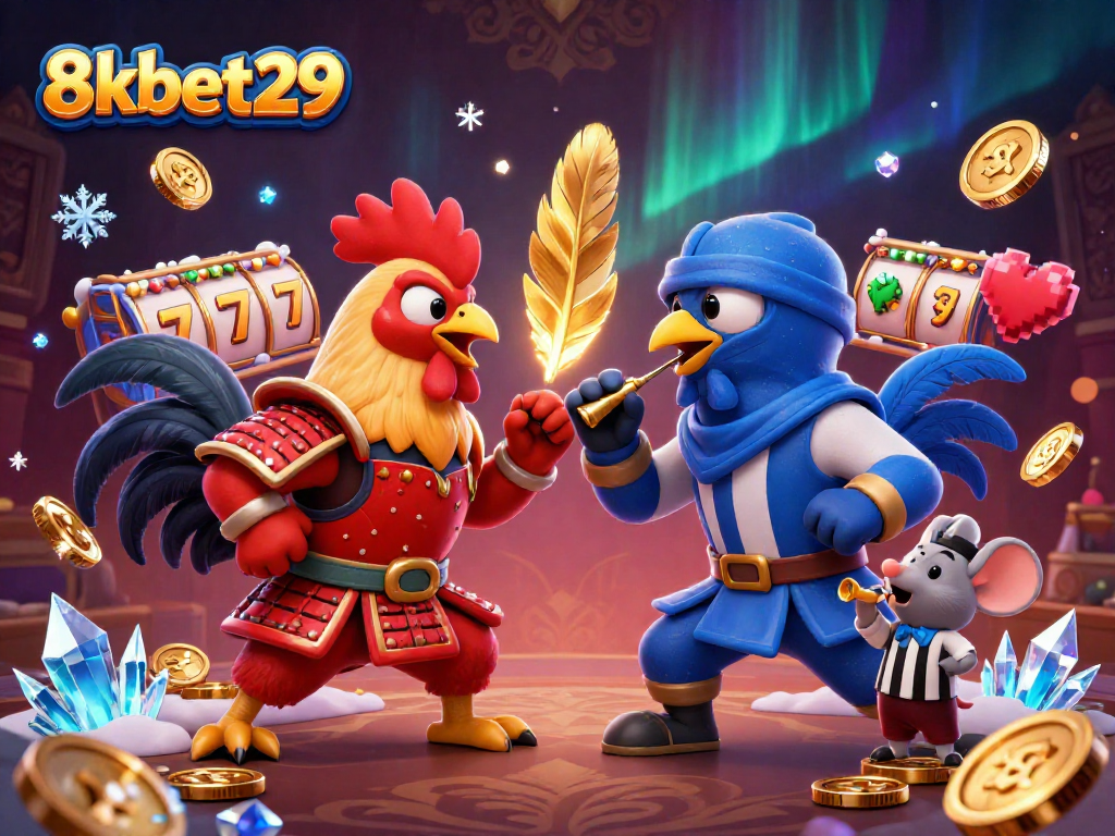 Engage in thrilling action with 8kbet29's cartoon fighting roosters amid vibrant gaming elements.