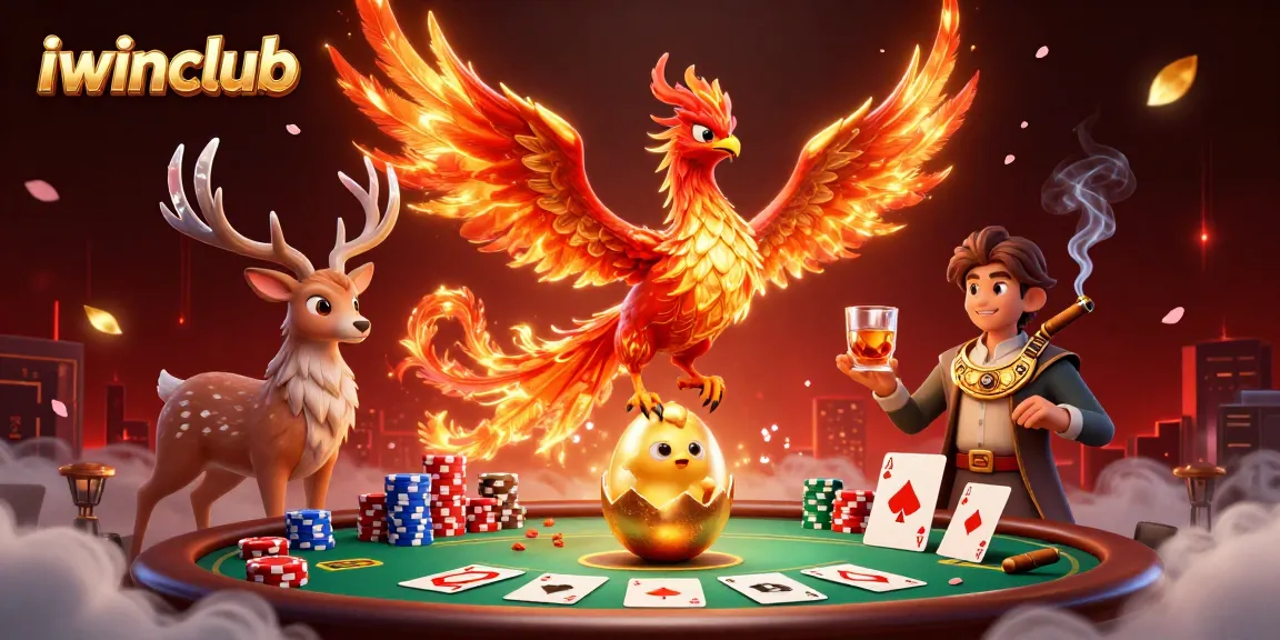 Engage with iwinclub's fiery phoenix and mystical stag in a vibrant casino scene.