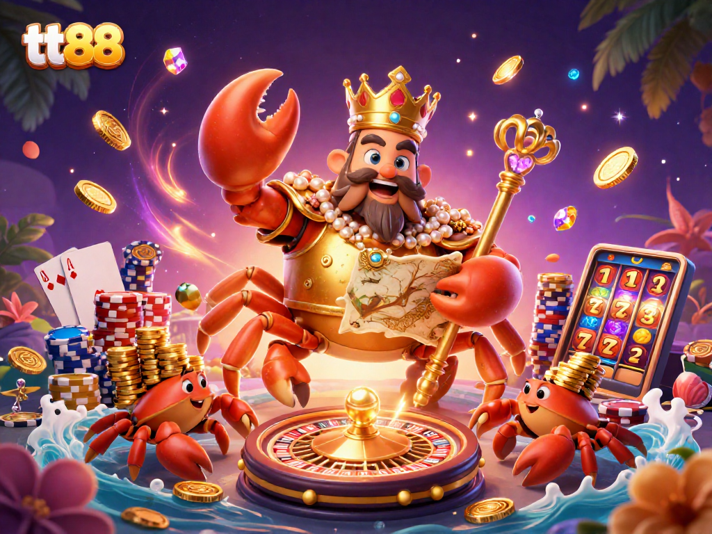 Experience tt88's luxurious gaming with a golden crab emperor, vibrant chips, and dazzling casino elements.