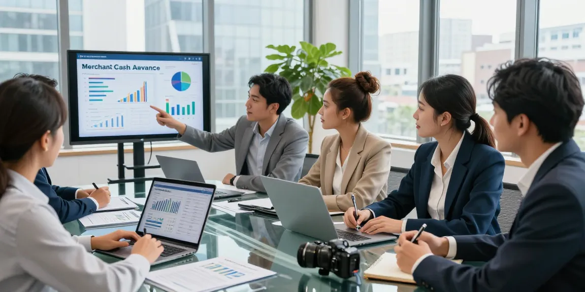 Professional team discussing merchant cash advance companies in a modern office setting