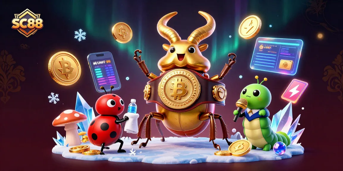Join SC88 as the golden stag beetle battles on an electrifying casino stage surrounded by crypto elements.
