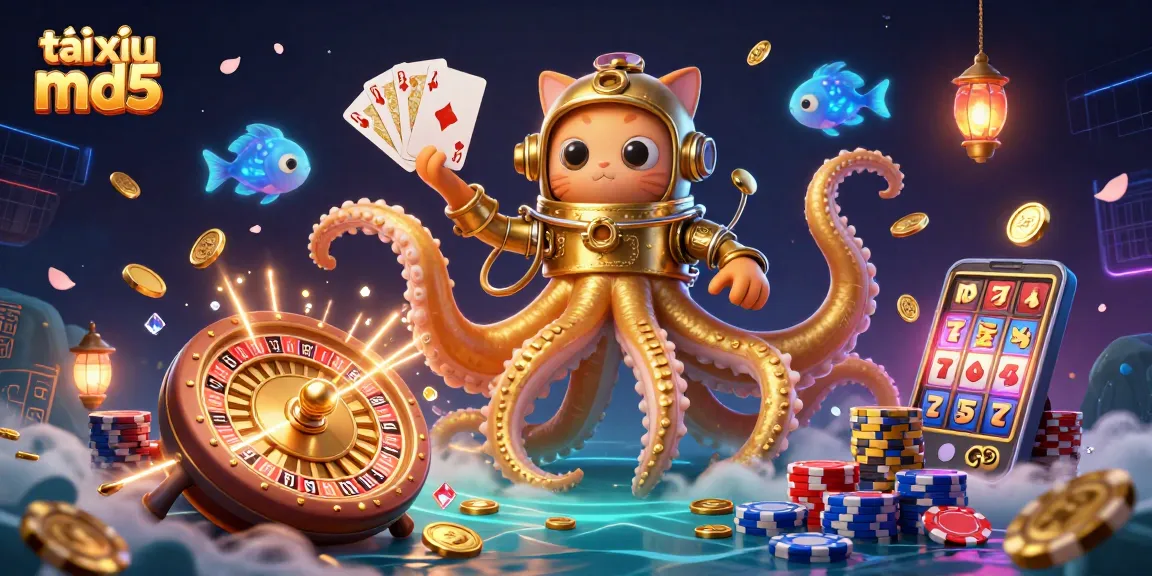 Engage in the excitement of tài xỉu md5 with a colorful 3D scene featuring a kraken and a diving cat amidst casino elements.