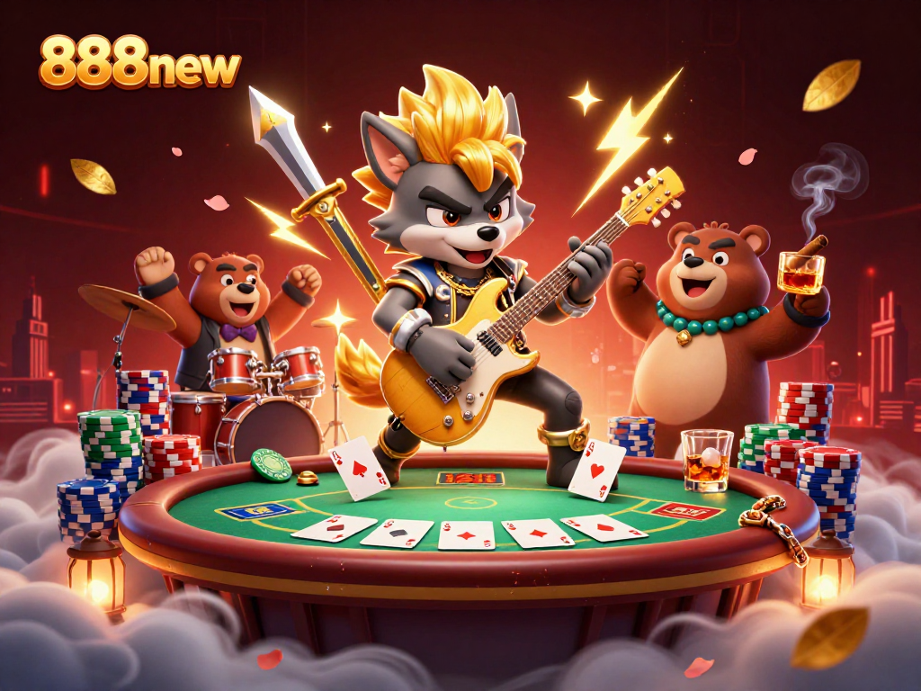Engage with the electric atmosphere of 888new as vibrant characters and rich casino elements create a dynamic gaming scene.