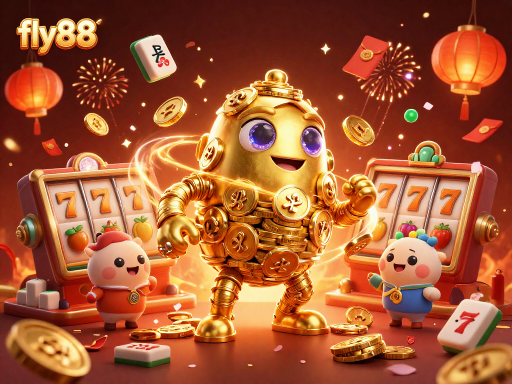 Engage in thrilling gaming with fly88's golden golem and lively slot game elements.