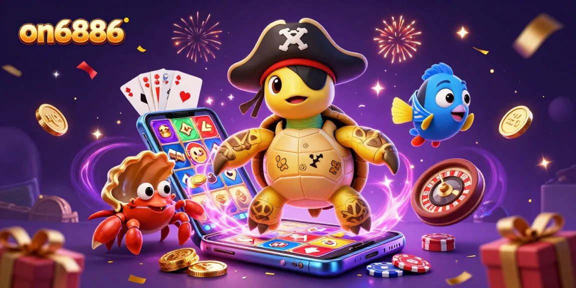 Experience thrilling gameplay with on6886's vibrant 3D casino scene featuring pirate turtle and slot games.