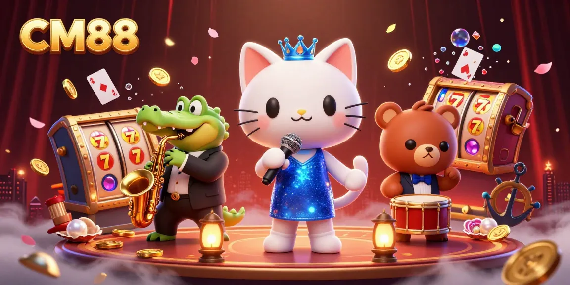 Engage with CM88's vibrant casino atmosphere featuring a jazzy cat, crocodile, and bear cub.