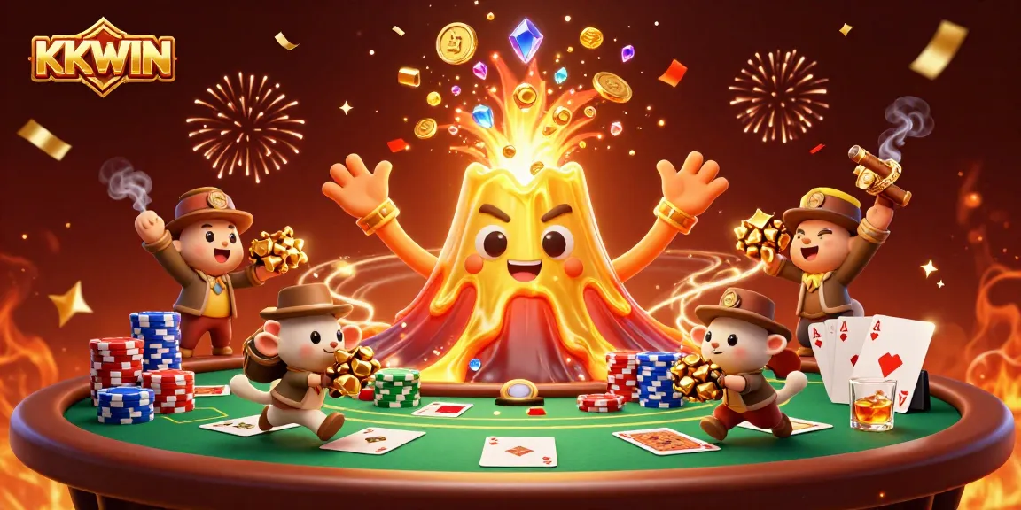 Experience the thrill of KKWIN with golden treasures and poker excitement bursting forth in this dynamic casino scene.