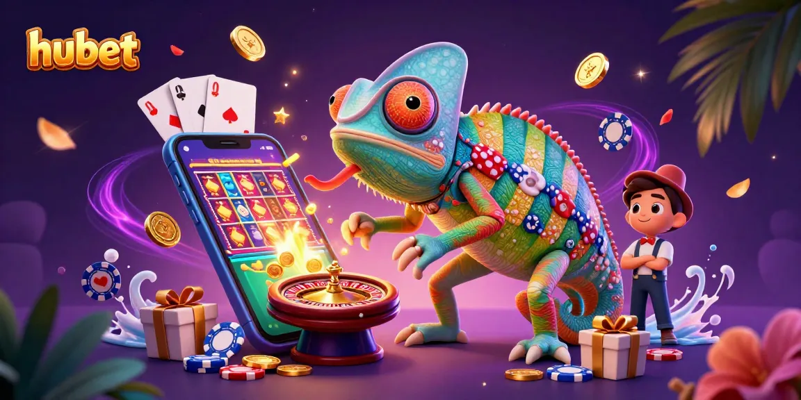 Engage with the hubet casino's vibrant, colorful chameleon owner in a dynamic gaming atmosphere.