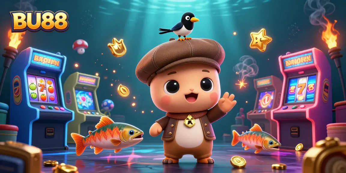 Spin to win in the vibrant BU88 casino-themed illustration featuring playful characters and slot symbols.