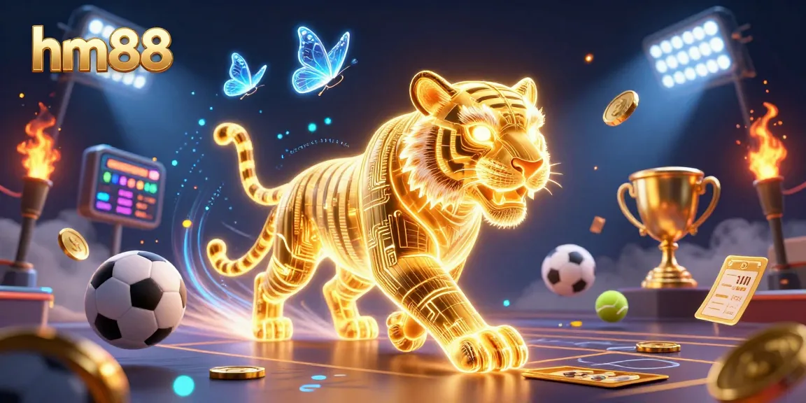 Enhance your gaming experience at hm88 with vibrant 3D casino action featuring a golden tiger and dynamic sports elements.