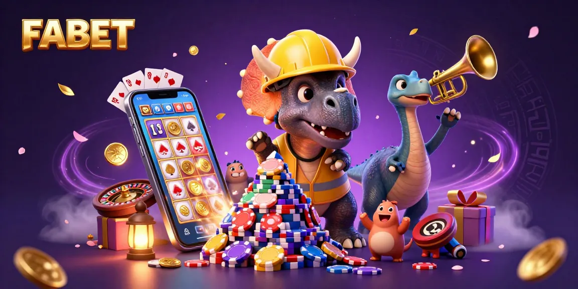 Celebrate with FABET as a triceratops builds a poker chip pyramid amidst cheering compys and vibrant game elements.