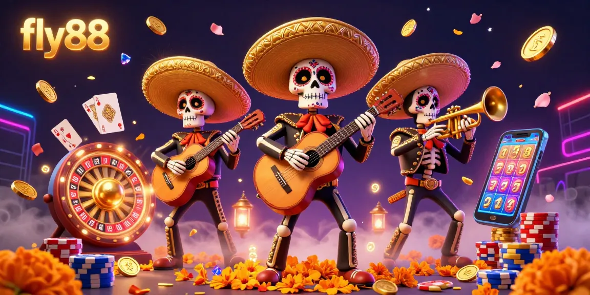 Experience the excitement of fly88 with a festive 3D mariachi band surrounded by gaming elements and golden coins.