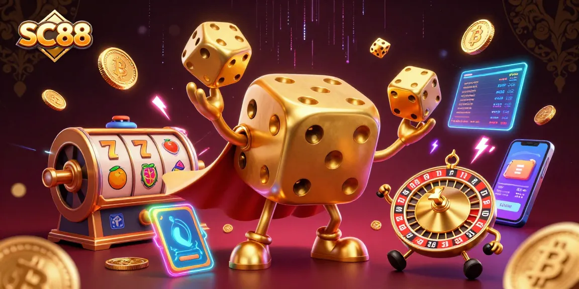 Engage with SC88's vibrant casino world featuring a 3D golden dice golem amidst crypto symbols.