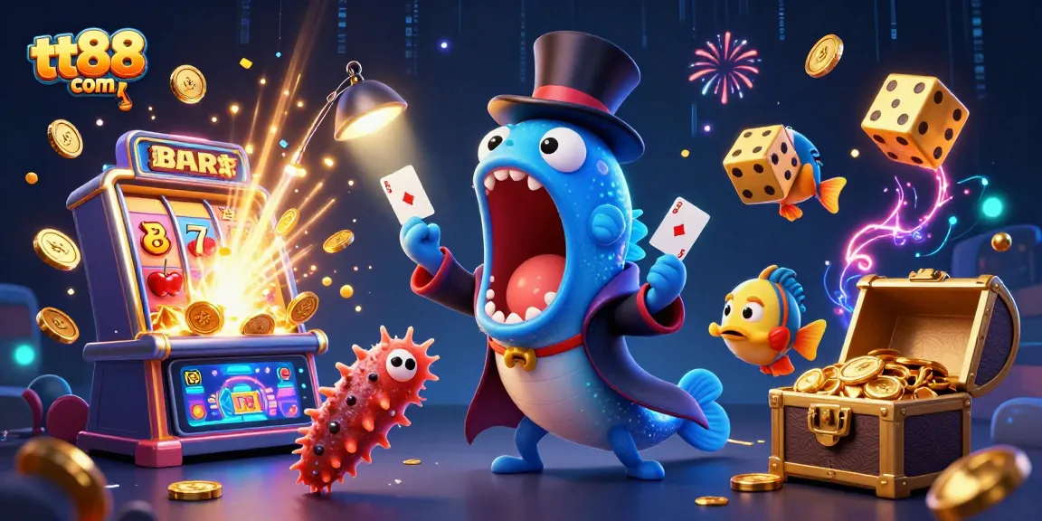 Engage in thrilling gameplay at tt88 com with a vibrant casino illustration featuring magical card tricks.