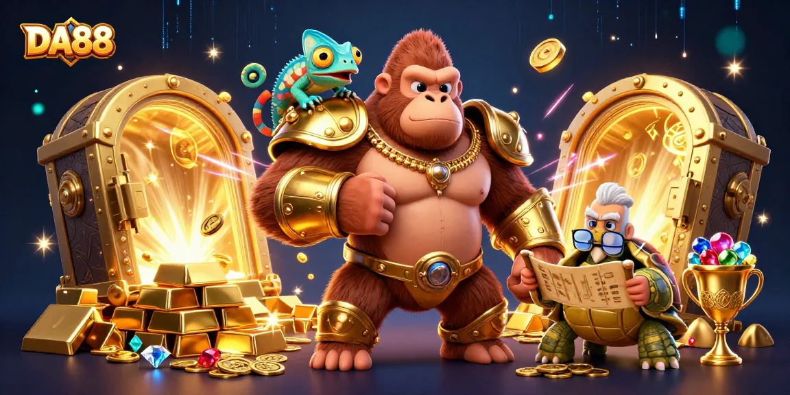 Experience thrilling action at DA88 with a majestic gorilla king and magical treasures in a captivating casino scene.