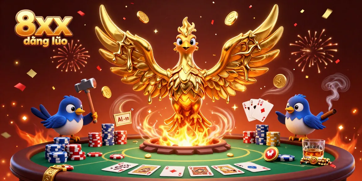 Engage with the vibrant 8xx đăng nhập scene, showcasing a mesmerizing golden phoenix surrounded by poker action.